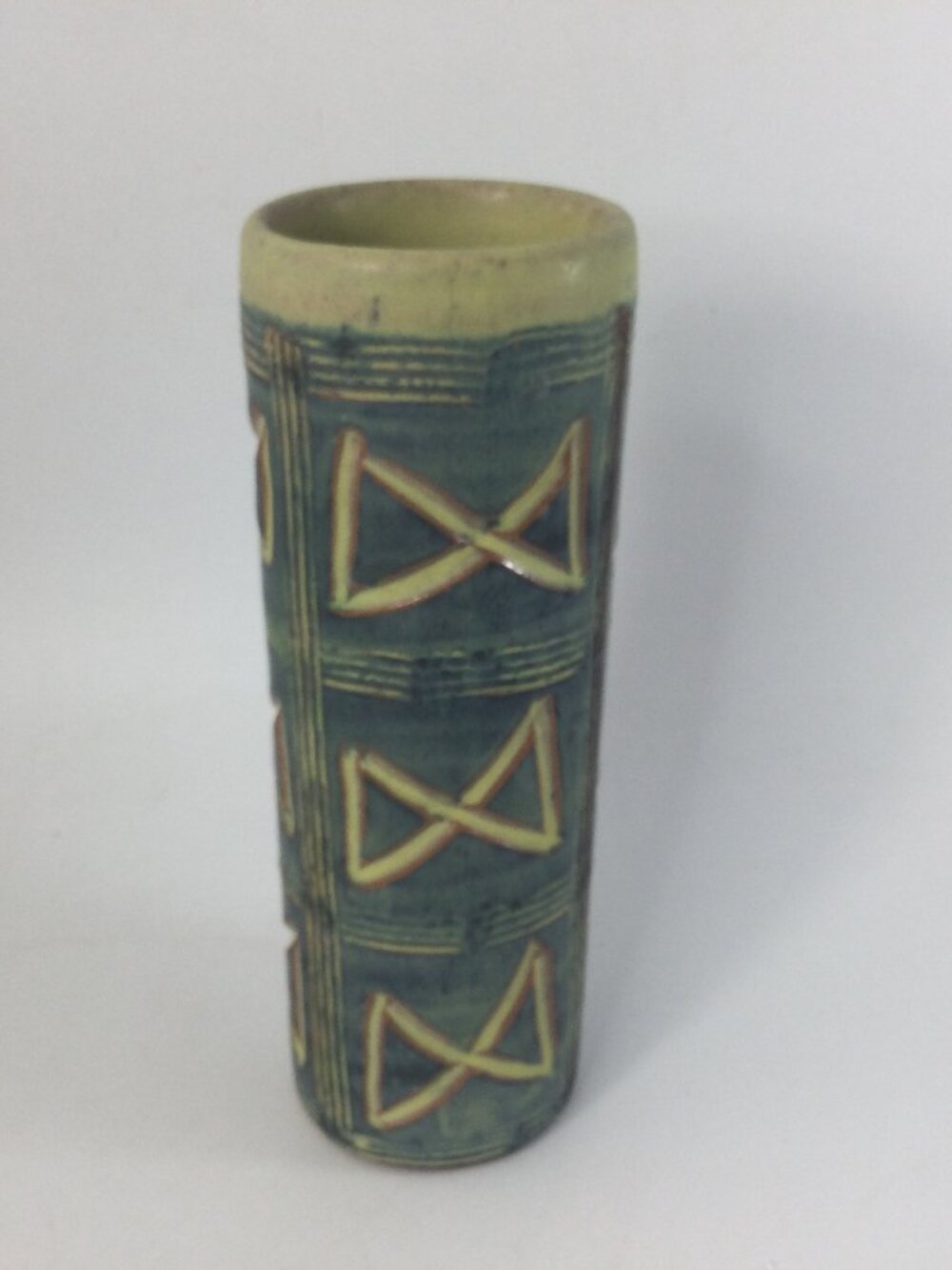 MCM Ceramic Vase Hal Lasky Puerto Rico Pottery Geometric Design Green 7" No 2